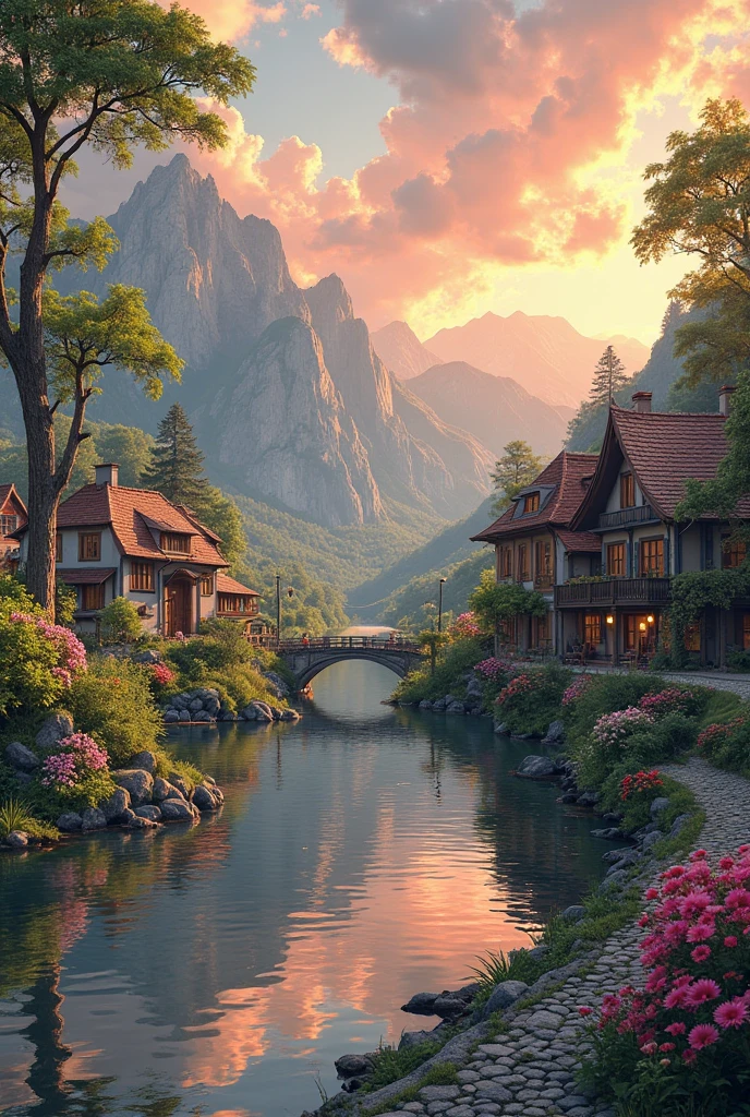 a small village by the river, mountains in the background, floral flowers colorful, detailed landscape, Beautiful natural landscapes, atmospheric lighting, scorching sunset, warm colours, practical, photopractical, Detailed Foliage, complex buildings, cobblestone street, Charming country house, swirly vibrant colors, lush vegetation, Still water reflections, Picturesque, idyllic, work of art, best qualityer, 8k, extremely detaild,anime styling