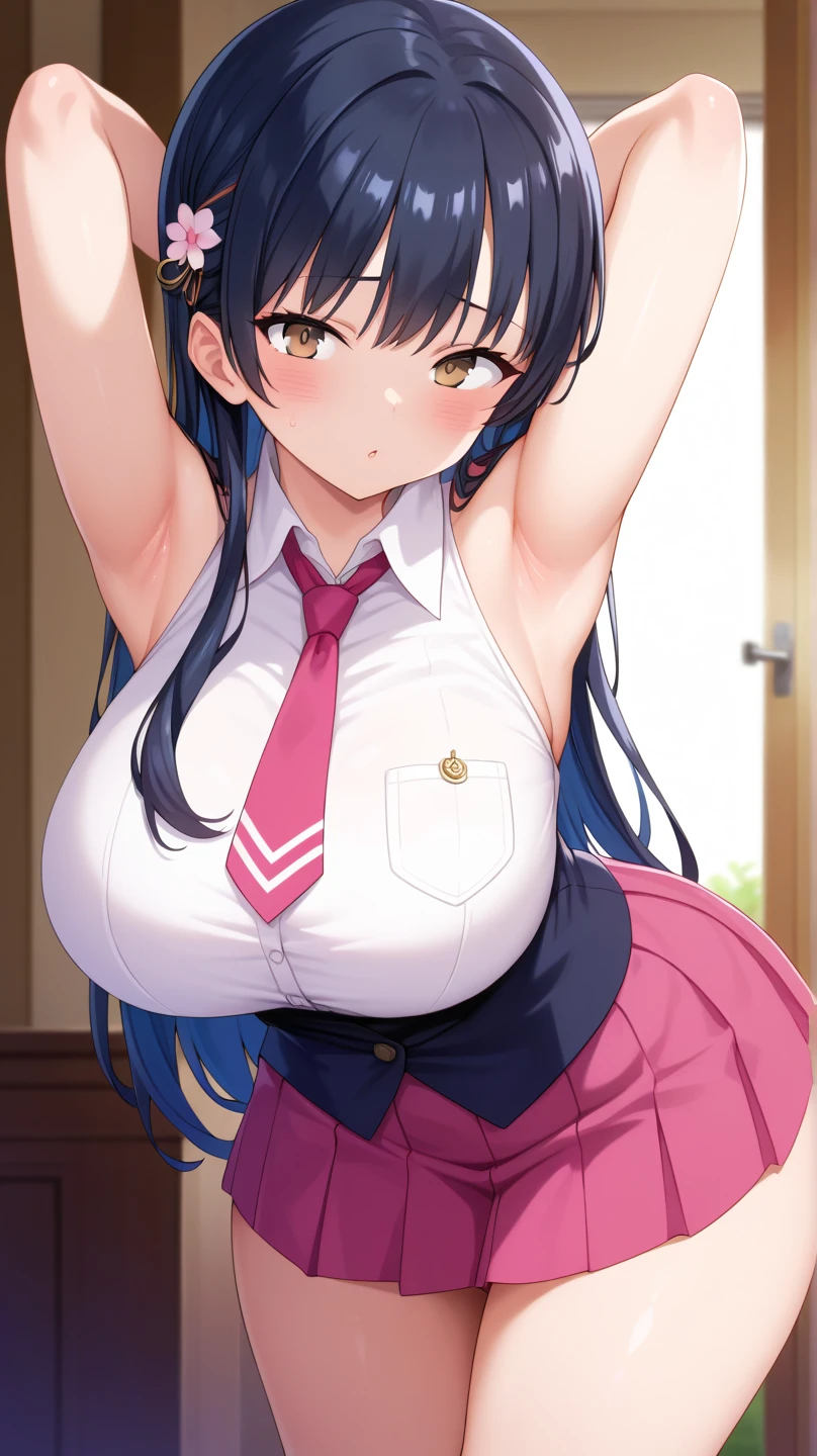 best quality,masterpiece, high res,original, beautiful detailed eyes,ultra-detailed, 1girl, isurugi yuki, school uniform, solo, skirt, jacket, bow, smile, looking at viewer, black jacket, straight hair, blazer, bowtie, long sleeves, curtains, window, classroom, shirt, pleated skirt, indoors, white shirt, very long hair, dutch angle, blue skirt, collared shirt, blush, (moth:1.6), (giant breasts:1.6),
