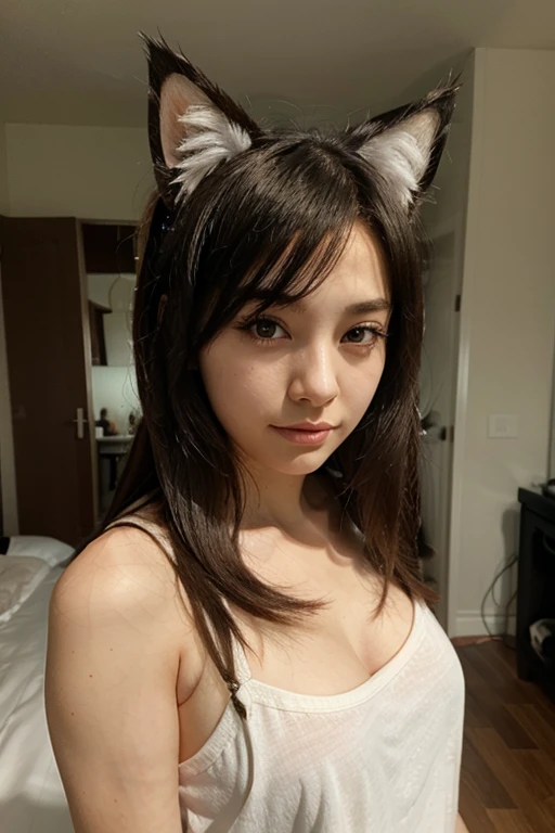 ((Highest quality, 8k)), ((masterpiece)), (Highest Resolution), Perfect Face, Woman with raccoon ears, Female college student, Beautiful woman, public, One tail, she has thick thighs, Big raccoon tail, She has a brown raccoon tail., She wags her tail, Troubled face, Fur collar, She is wearing a bra and panties, Beautiful Hips , One tailがパンティーから突き出す, Big Breasts, On all fours