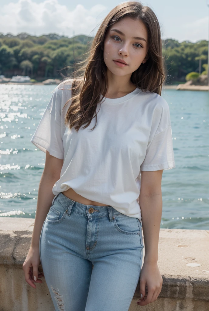 woman wearing white male short sleeve t-shirt, Bootcut denim pants, excellent face definition, green eyes, Brown hair, medium breasts, symmetrical body, perfect body, walks along a boardwalk, cloudy, Palms,