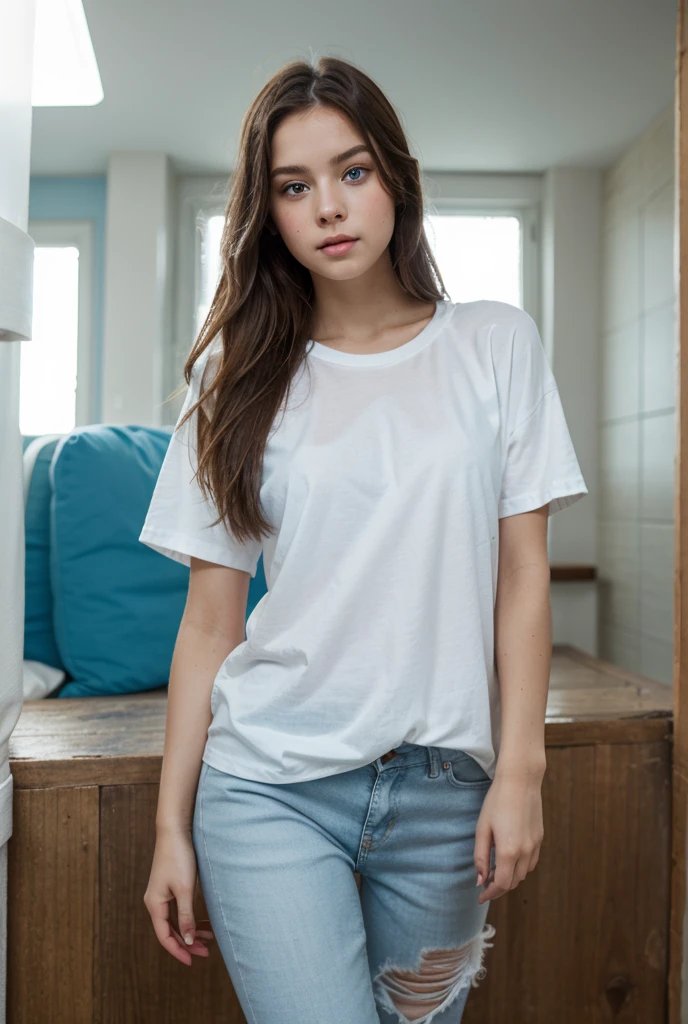 ((perfect photograph)), ((realistic)), ((8k)), ((light blue eyes)), (perfect face) ((long purple t-shirt)), perfect very small breasts, gorgeous face with beautiful makeup, white women with red wavy hair, white jeans, standing towards the camera, sunny day in front of brick wall, torso facing camera, outdoors, lots of light, lots of plants, beautiful eyes, twirling her hair with one hand