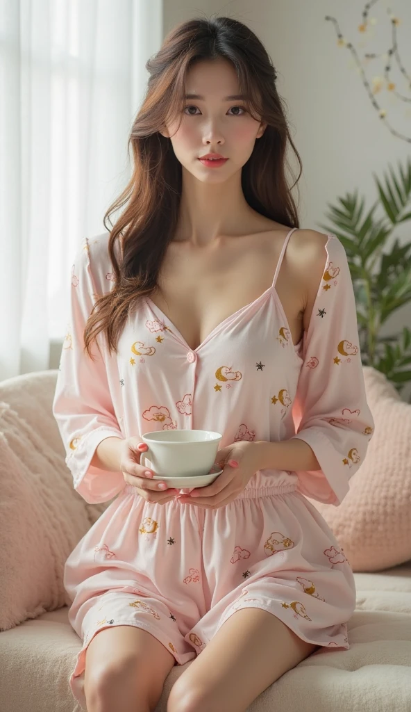 a  with curly hair yawning and star-patterned pajamas waking up in her bed, with the morning sunlight streaming through the window.