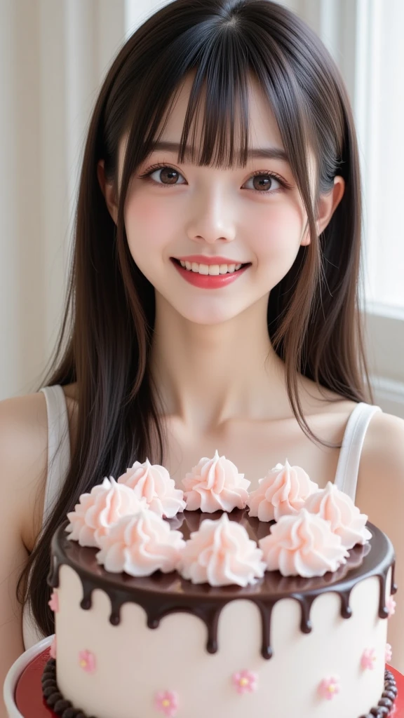 Best picture quality, young girl of 3 years old, delicious looking parfait of strawberries and chocolate in a tall glass on the table, laughing and eating parfait, best smile, very pretty girl, amazingly very large shining eyes, long eyelashes, chestnut hair, neat , friendly and bright smile, hydrangea blooming outside the window,
