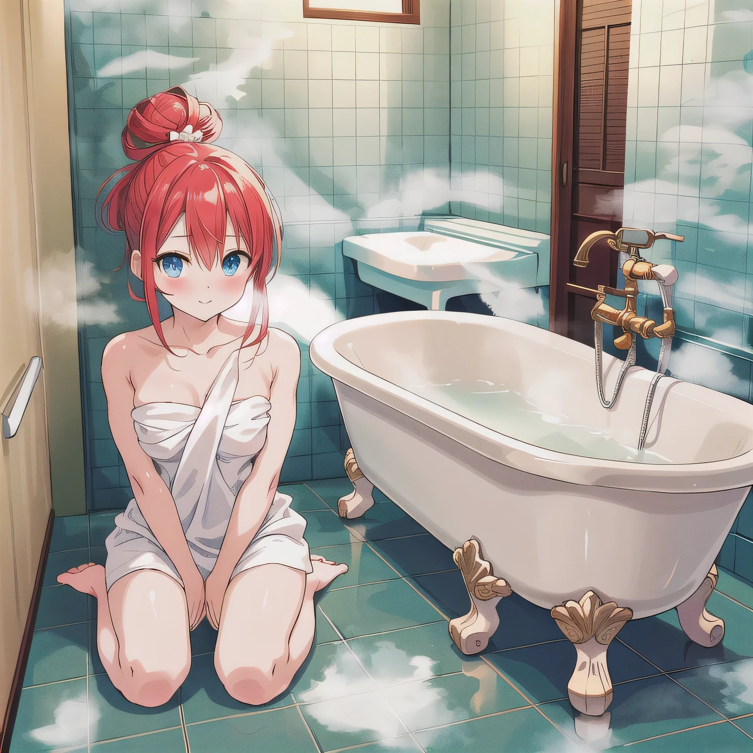 A beautiful woman in a A narrow, compact Japanese bathroom, with tiled walls, a small bathtub, and a wooden stool beside it. Steam fills the room., sitting in seiza style , politely waiting to greet someone.The character is wrapped in a towel around the body. Red hair, two-sided updo, blue eyes.