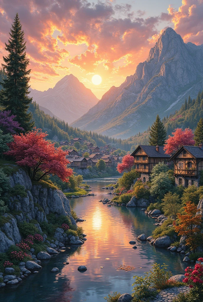 a small village by the river, mountains in the background, floral flowers colorful, detailed landscape, Beautiful natural landscapes, atmospheric lighting, scorching sunset, warm colours, practical, photopractical, Detailed Foliage, complex buildings, cobblestone street, Charming country house, swirly vibrant colors, lush vegetation, Still water reflections, Picturesque, idyllic, work of art, best qualityer, 8k, extremely detaild,anime styling