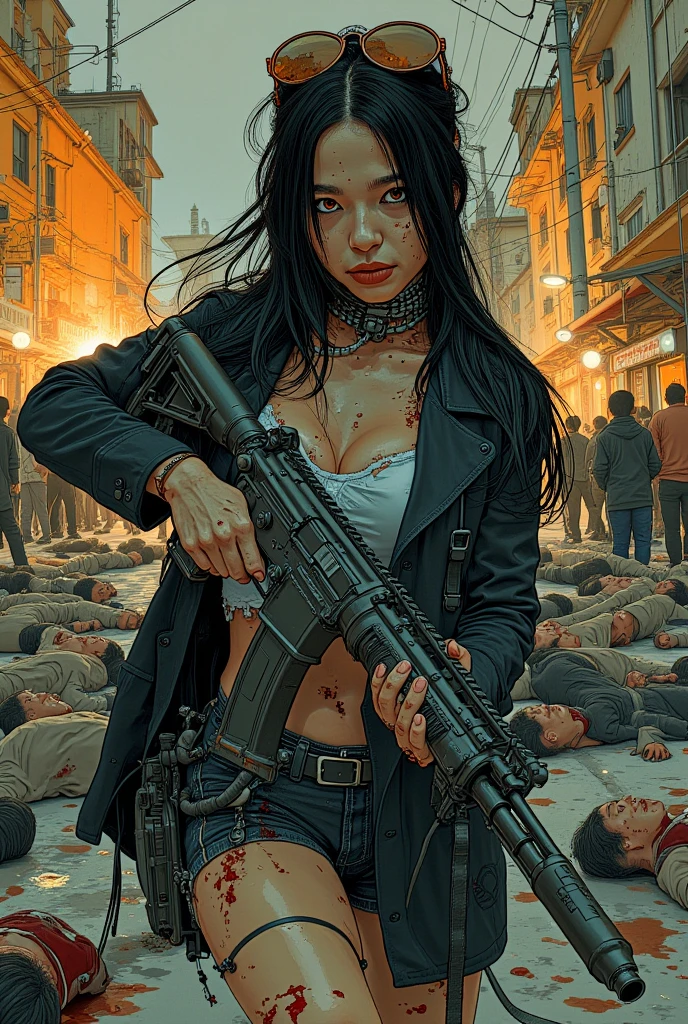 Sexy Mikey Madison, machine gun, foule, regard fou, sanglant, corps à terre, 4K, ultra-detailed, photorealistic, oil painting, studio lighting, extreme detail, couleurs vives, bokeh, sombre, apocalyptique