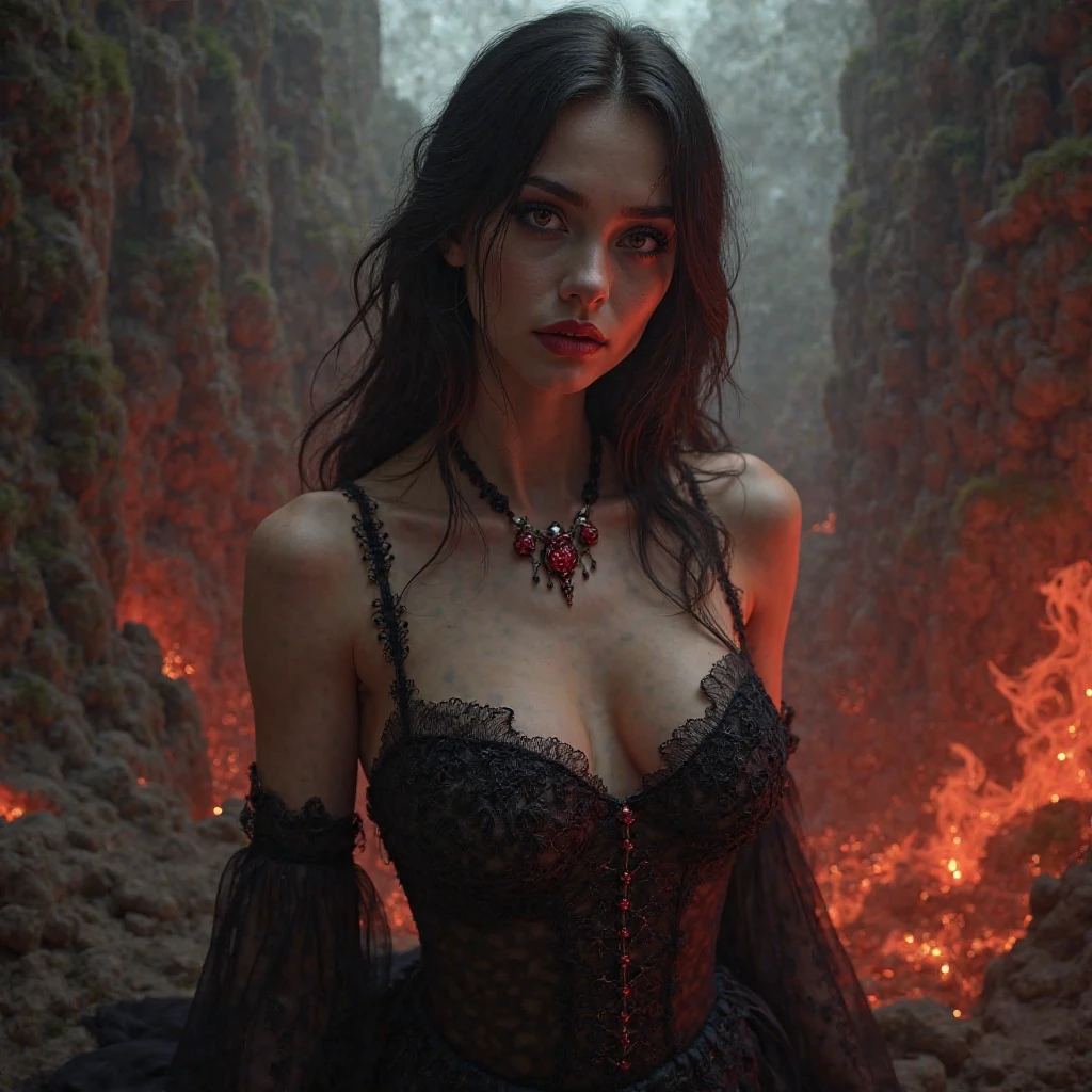 Femme vampire avec deux grandes dents ultra sexy grand decolter dans les enfers 