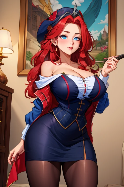 woman, ((Masterpiece, best quality)), full body view, bursting huge breasts, detailed skin, Anna from Frozen as a witch, in office room, high heels, stockings, Elegant witch outfit, over the knee skirt, highly detailed, cinematic lighting, ultra realistic, blush, looking at viewer, anna, anna from movie
