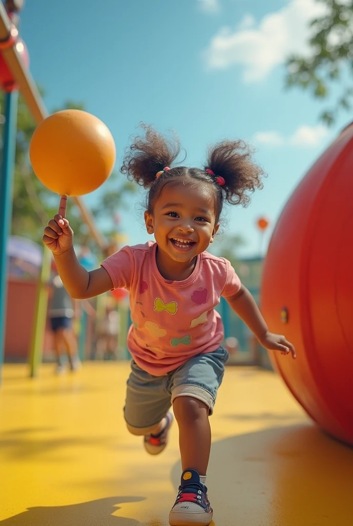 A close-up shot of a child, around , with curly hair, joyfully sliding down an inflatable slide. The background features a blurred view of other children playing, with bright, midday sunlight casting soft shadows.