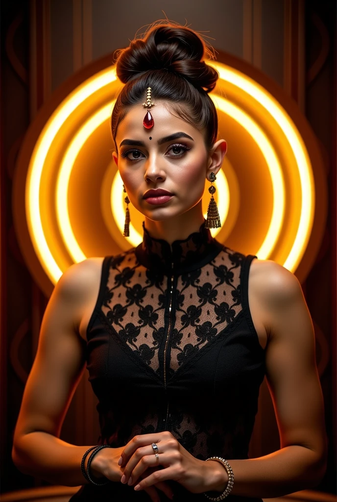 A striking Indian woman with a complete high hair bun, exuding confidence and sensuality. She wears a form-fitting, sleeveless black lace top with subtle detailing, and sits gracefully with her hands clasped. Her makeup is bold and refined, with defined eyes, sculpted brows, and a ????????? lipstick. A unique teardrop-shaped bindi paired with a red gem adorns her forehead, and long dangling earrings accentuate her elegant neck. She is illuminated by a glowing circular halo-like pattern in the background, adding a divine and powerful aura to the scene. The ambiance is warm and mysterious, blending modern beauty with spiritual undertones."