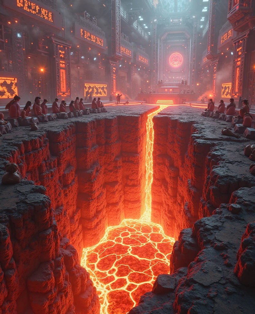 A pit of lava, in a whole, in the middle of a gameshow set