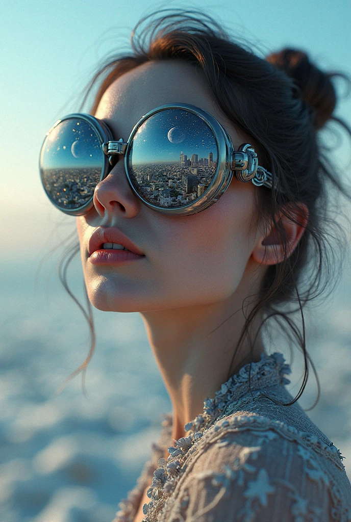 The model is wearing glass sunglasses with stars and the moon on the glass
