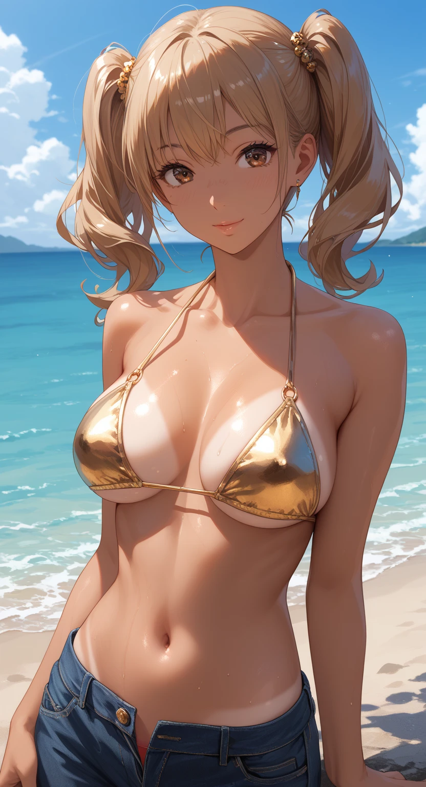 (masterpiece:1.2, top-quality), (realistic, photorealistic:1.4), beautiful illustration, (natural side lighting, movie lighting), nsfw:1.2,
looking at viewer, cowboy shot, 1 girl, japanese, gravure Idol, high school girl, perfect face, cute and symmetrical face, suntan, shiny skin, slender,
(short hair:1.2, twintails:1.2, (blonde hair)), parted bangs, gold eyes, long eye lasher, (large breasts:0.6), black hair chouchou,
beautiful hair, beautiful face, beautiful detailed eyes, beautiful clavicle, beautiful body, beautiful chest, beautiful thigh, beautiful legs, beautiful fingers,
((gold bikini), choker, wrist chakra),
(beautiful scenery), tropical beaches, (extremely sexy), (lovely smile, upper eyes),