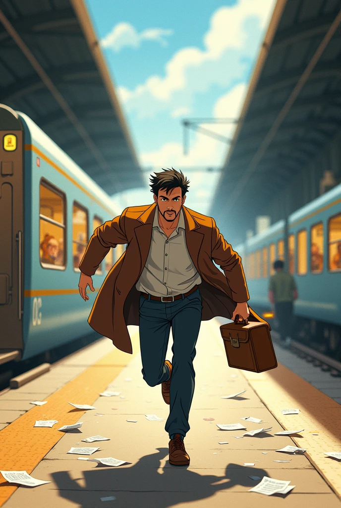 A man running for her train because he mis her train (in gibli /cartoon style )