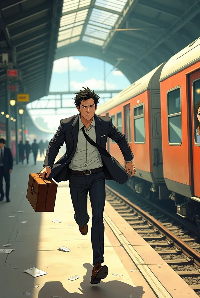 A man running for her train because he mis her train (in gibli /cartoon style )