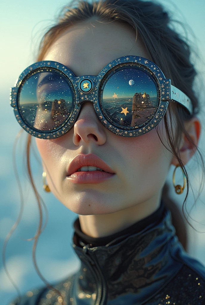 The model is wearing glass sunglasses with stars and the moon on the glass