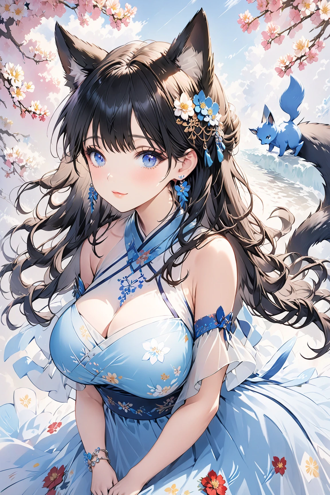 (absurd res, A high resolution, ultra - detailed, hyper HD, Cinematic), Alone, 1个Giant Breast Girl, mature, Happy,hime cut,black long hair,red eyes, (huge breasts:1.5),cleavage, collarbone, bare shoulders,armbands,girl standing in light blues flower field, light blues flower petal surrounding girl, full bodyesbian, Blue long-haired girl, light blues hair, fanciful, dream-like, Snowy Land, offcial art, trending art, contours, ultra - detailed face, ultra - detailed eyes, light blues flower field, ultra - detailed field, The white blue sky, Cold, light blues, The white, Nebula in the sky, blue tree, aquarelle, pastel colour