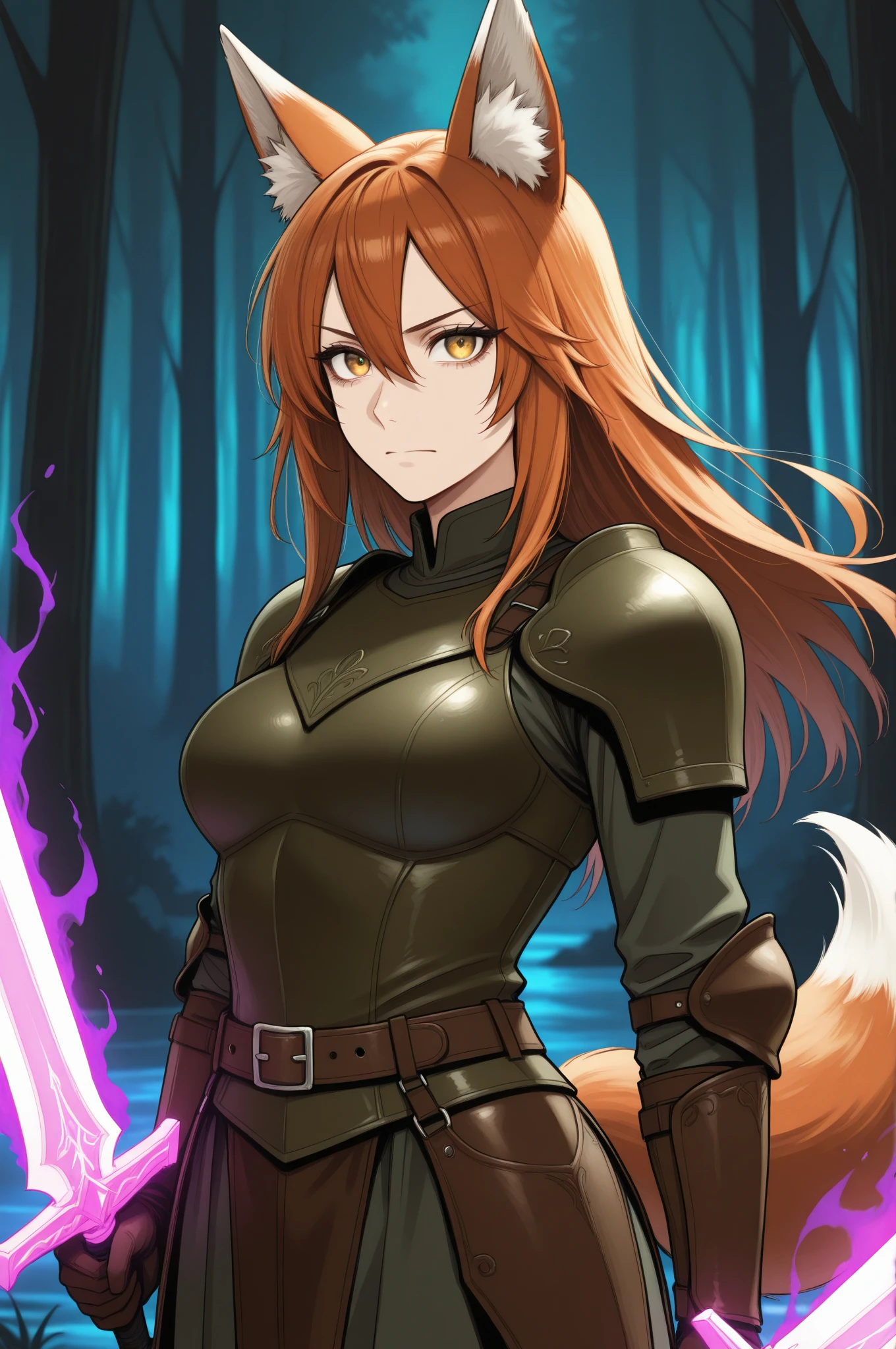 hand drawing, high detail, Kitsune sorceress as the end boss for a dungeon, using magic to attack the heroes, black leather corset, panties, stockings, garters, brown hair, brown eyes, evil smile, green magic, foxtail