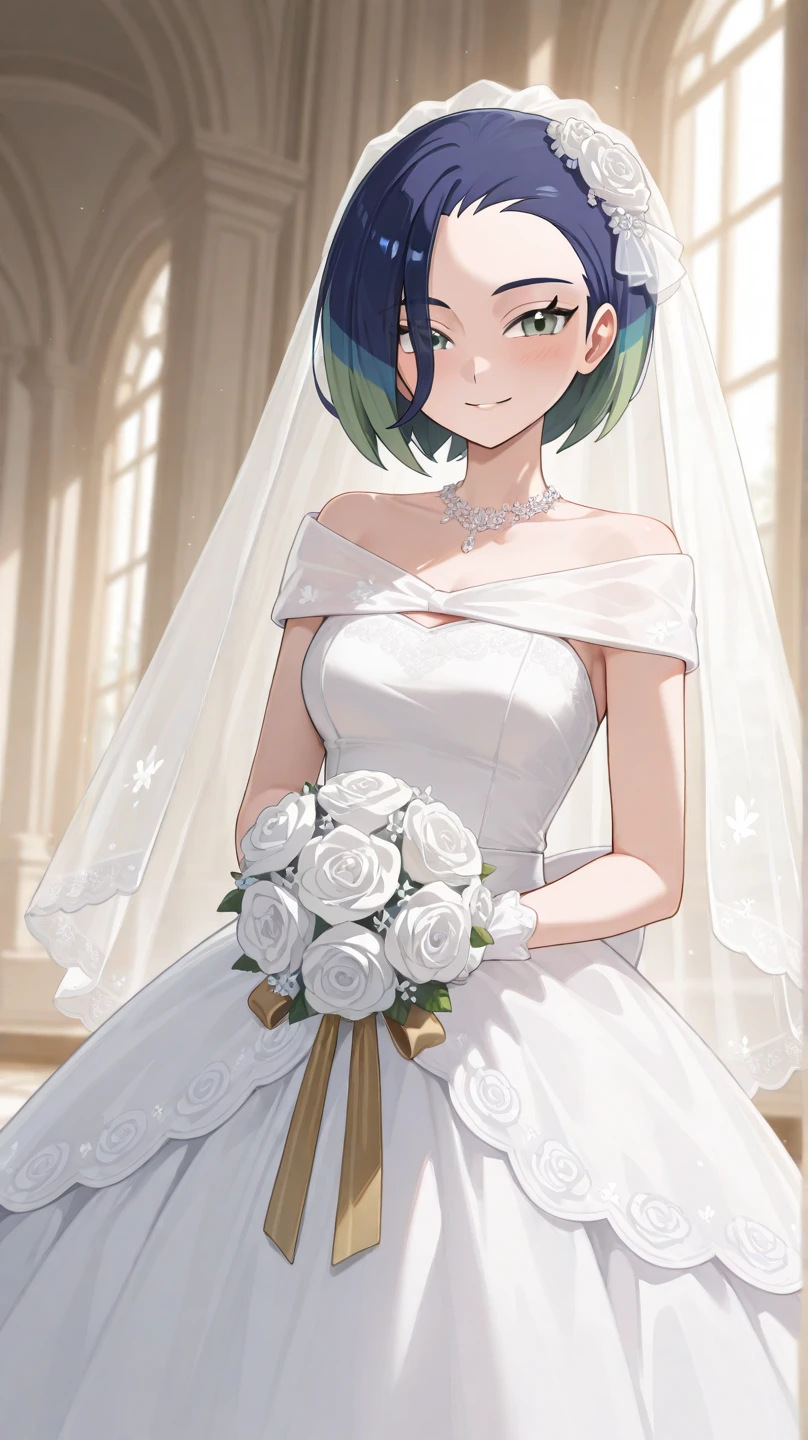 masterpiece,best quality,1girl,solo,fourmurasame,aqua hair,short hair,aqua eyes,purple lipstick,(wedding dress,bridal veil,bridal gauntlets),rose,rose petals,(happy tears),blush,church,wind,<lora:fourmurasame-nvwls-v1:0.8>,<lora:Concept-control tool-add_detail-CyberAIchemist:0.8>,
