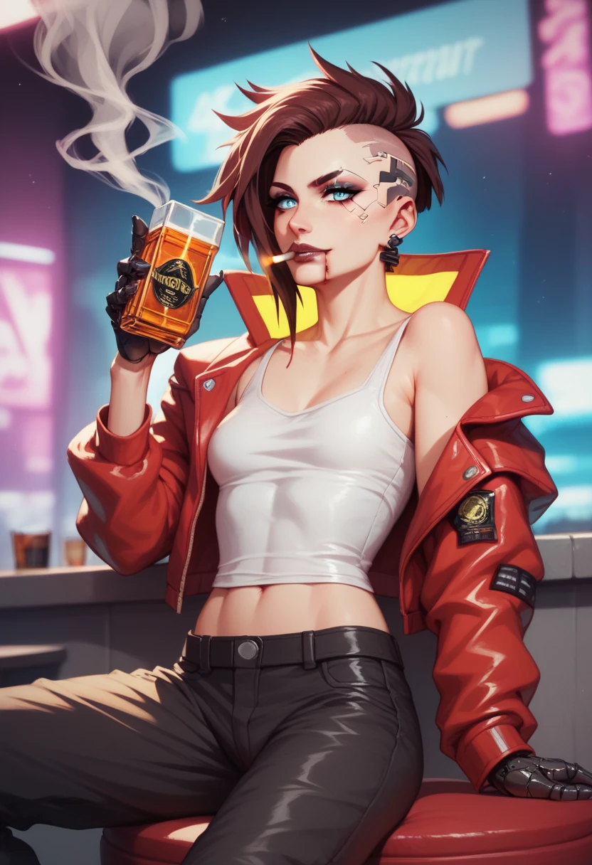 extremely beautiful model, 30 years old female, skandinavian, cyberpunk, brown punk hair, red leather jacket with yellow accents, sitting relaxed on stool, cyberpunk bat, bloody lip, glowing blue eyes, black robotic hands, relaxed face, smoking cigarette in mouth, loose black cargo pants, skinny, small breasts, (holding a shot of whiskey), jacket off on one shoulder, white tight tank top
