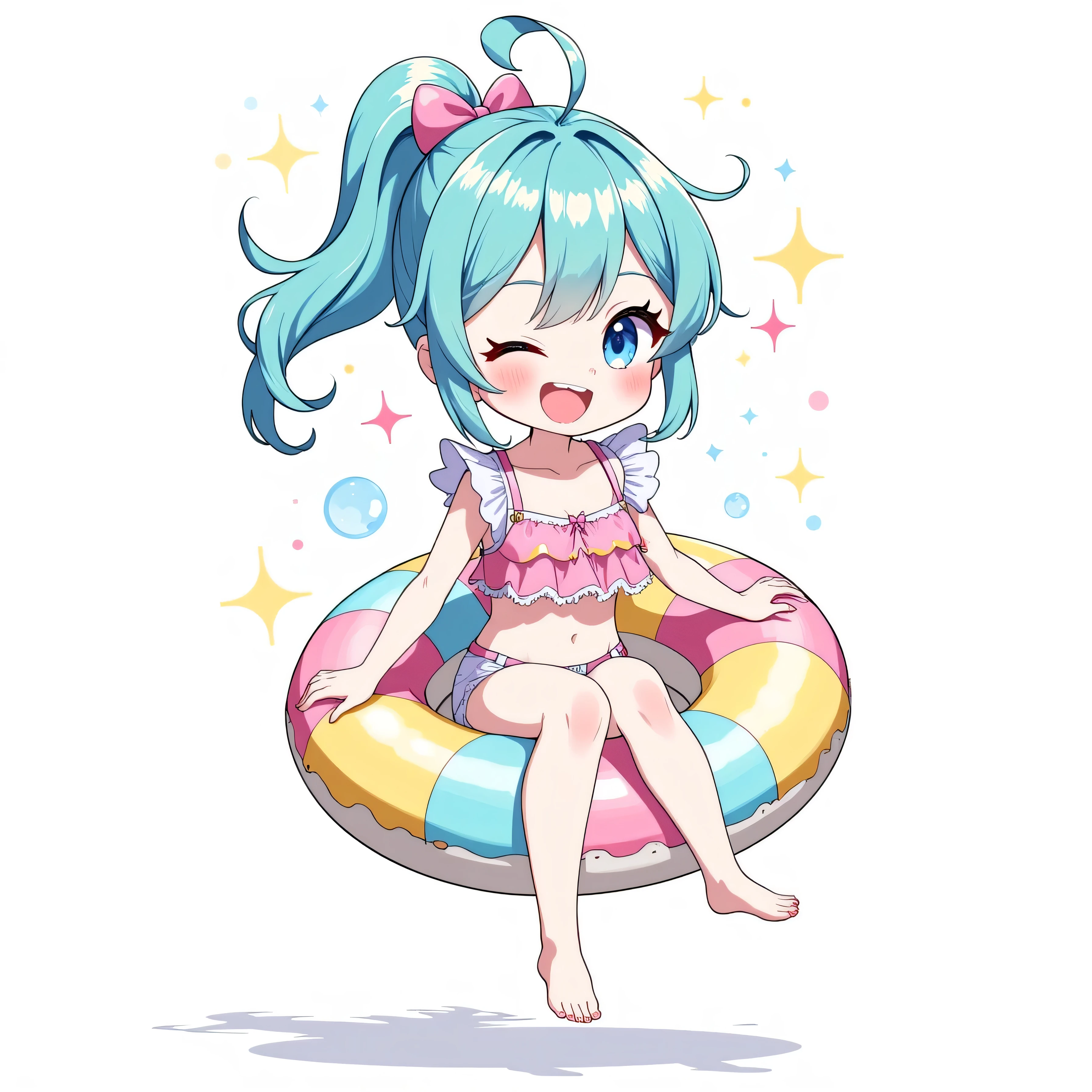 (chibi:1.4),chibi character,chibi style, toe, (cwhite background:1.4),full body,masterpiece, high quality, 4K, HDR,, A girl with frills, アニメ風, シンプルな背景、水着、大きく口を開けた笑顔、ポニーテール、フリル、ヘソ出し、浮き輪を持っている、青髪