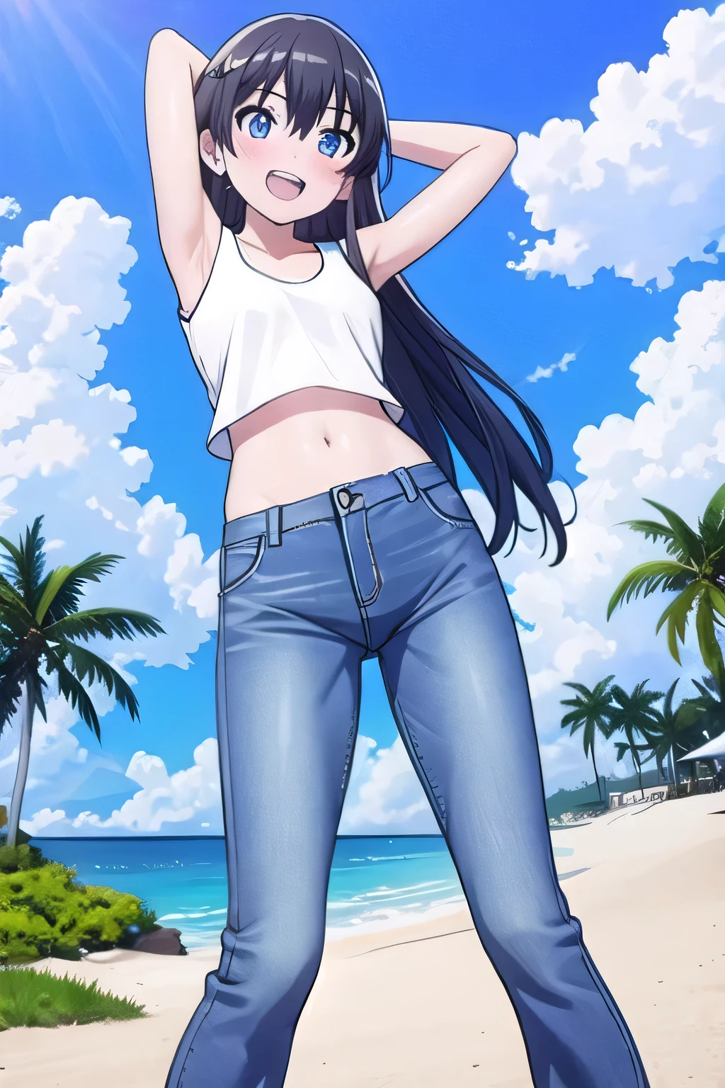 masterpiece, best quality, ultra detail, ((Perfect Face, perfect eyes, perfect hair, perfect arm)), 1girl, o, petite, ((round face, ecstasy, orgasm face, drooping eyes, shame smiling, blush)), dropping eyes, sleepy, Open mouth, ((White teeth)), background((under the beach, (day:1.2), ocean, bright sky)), saten ruiko, (blue eyes:1.2), (black hair:1.2), crossed bangs, hair between eyes, hair ornament, flower ornament, (long hair:1.4), (straight hair:1.7), ((arms behind head, hands behind head, fingers behind head)), ((contrapposto)), spread armpits, looking at viewer, (white tank top:1.4), (white crop top:1.4), (jeans pants:1.2, flares jeans:1.2, skinny jeans:1.2, blue jeans:1.2), standing, (legs spread:1.4), sex pose, Sweaty crotch, Steam from the crotch, from below, whole body