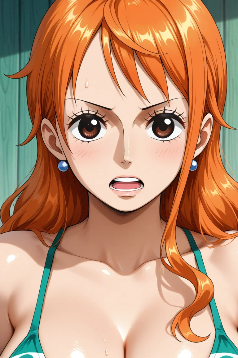 a cartoon picture of a woman in a bikini top and jeans, nami one piece, nami from one piece, nami, beautiful portrait of nami, from one piece, oppai, blue eyes, smoking, ponytail, nsfw