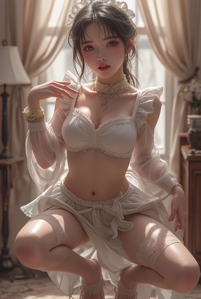(best quality,ultra-detailed),(sexy junior idol,KAWAII face variations,absolutely beautiful details),concept art,eye-catching,back lighting,photorealistic:1.2,vivid colors,masterpiece:1.2,dynamic composition,high-definition,breathtaking aesthetics,mind-blowing creativity,imaginative background,striking poses,expressive eyes,gorgeous lips,fashionable hairstyles,facial expressions,variety of outfits,unique accessories,confident attitude,sultry gazes,playful smiles,stylish makeup,artistic effects,attention to textures,perfect proportions,romantic ambience,soft and warm tones,luminous highlights and shadows, (colorful Light shines through delicate stained glass), short Bob, (sideboob:1.2). (pressing hard against the Nipples to Nipples), Detailed glistening ivory skin, Delicate see-through wear .