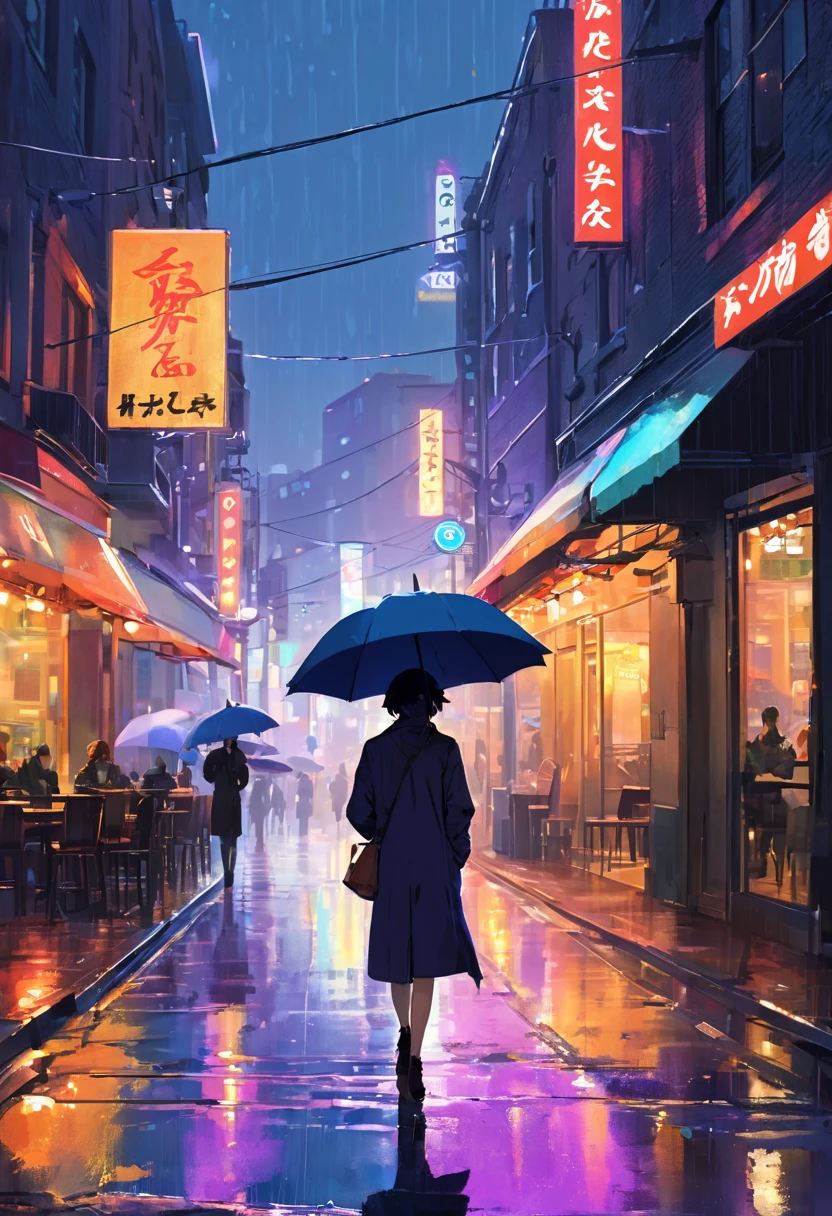 
A stylish, moody nighttime urban scene inspired by “Beneath the Mask” from Persona 5. A rainy city street glowing with soft neon lights, reflections on wet pavement, a lone figure under an umbrella, jazz cafe in the background, soft bokeh lights, calm and introspective atmosphere, cinematic composition, color palette of deep blues, purples, and warm orange highlights, art by Makoto Shinkai and Studio Ghibli, 4K resolution (simple oil painting in a style to Bill Sienkiewicz)
