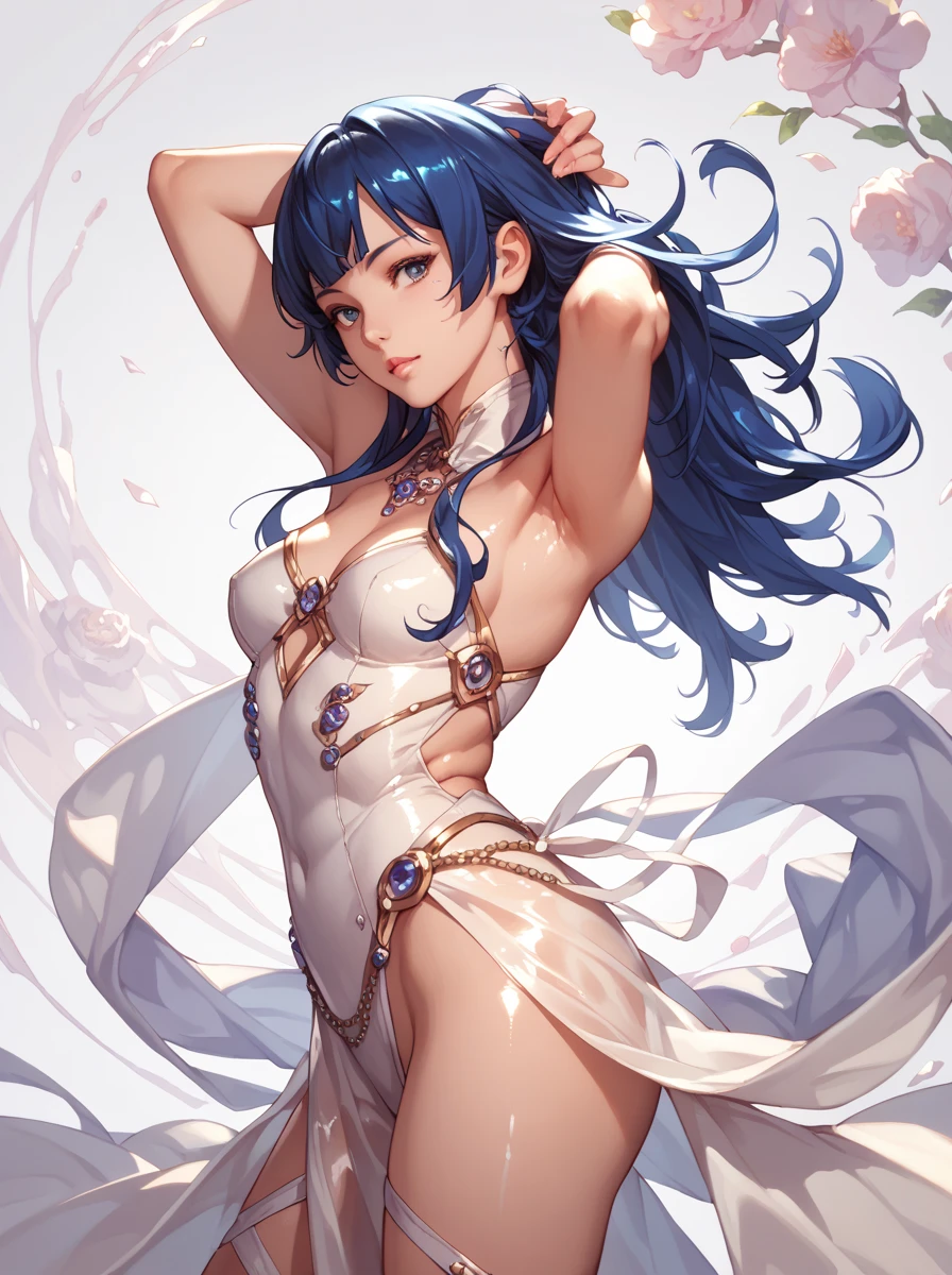 1girl, ahoge, armpits, bare shoulders, bell, blue hair, breasts, covered navel, detached sleeves, (white dress:1.8), ganyu \(genshin impact\), gloves, goat horns, highleg, horns, long hair, looking at viewer, medium breasts, pelvic curtain, purple eyes, sideboob, simple background, solo, thighhighs, thighs, white background, (white gloves:1.1), (white legwear:1.6), <lora:ganyu_ned2_offset:0.1>, ((masterpiece)), (best quality), standing, full body, white shoes, from aside, simple background, blue background,