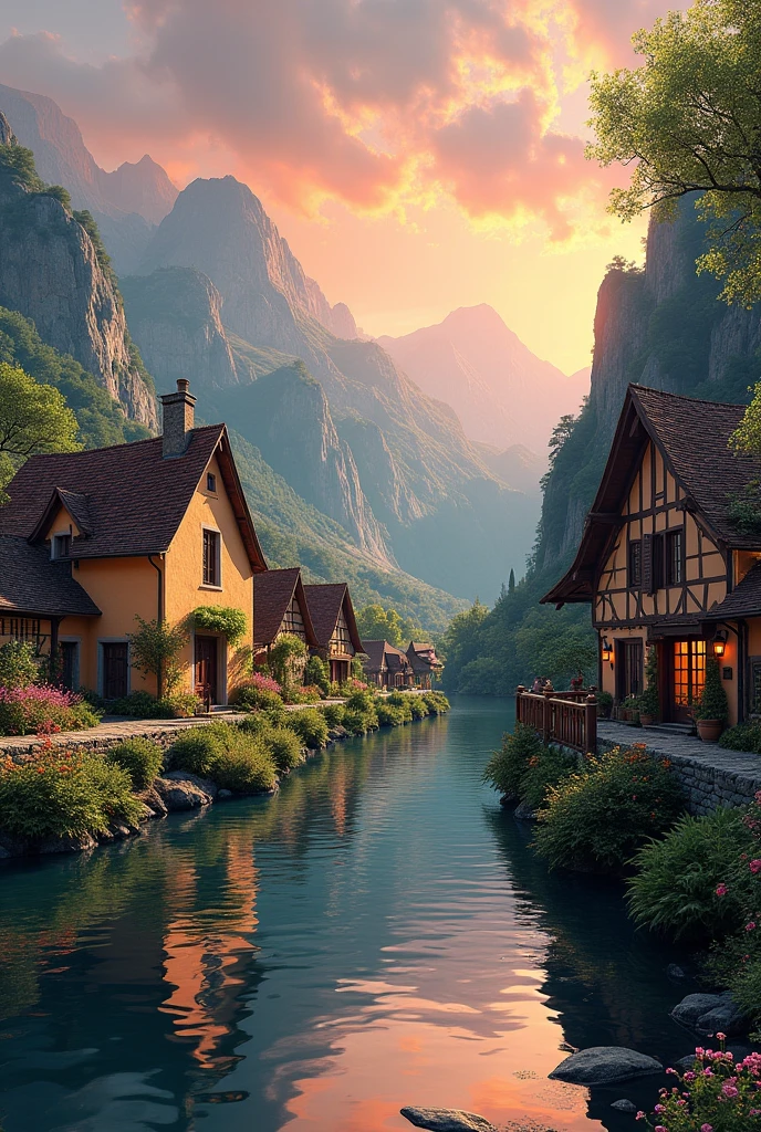 A small village by the river, mountains in the background, colorful flowers, detailed landscape, beautiful natural scenery, atmospheric lighting,  scorching sunset ,  warm colors, practical, photographic, detailed foliage, complex buildings , cobblestone street, charming country house, vibrant colors, lush vegetation, reflections in the water, pitoresco, idyllic, work of art, Best Quality, 8k, extremely detailed, anime style