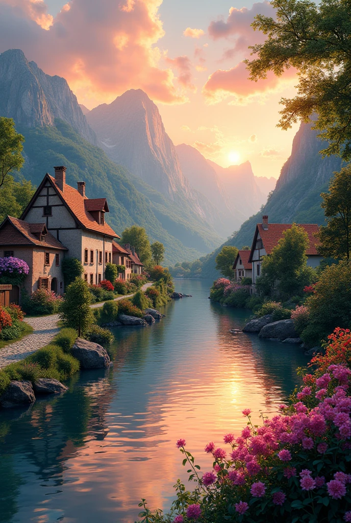 A small village by the river, mountains in the background, colorful flowers, detailed landscape, beautiful natural scenery, atmospheric lighting,  scorching sunset ,  warm colors, practical, photographic, detailed foliage, complex buildings , cobblestone street, charming country house, vibrant colors, lush vegetation, reflections in the water, pitoresco, idyllic, work of art, Best Quality, 8k, extremely detailed, anime style
