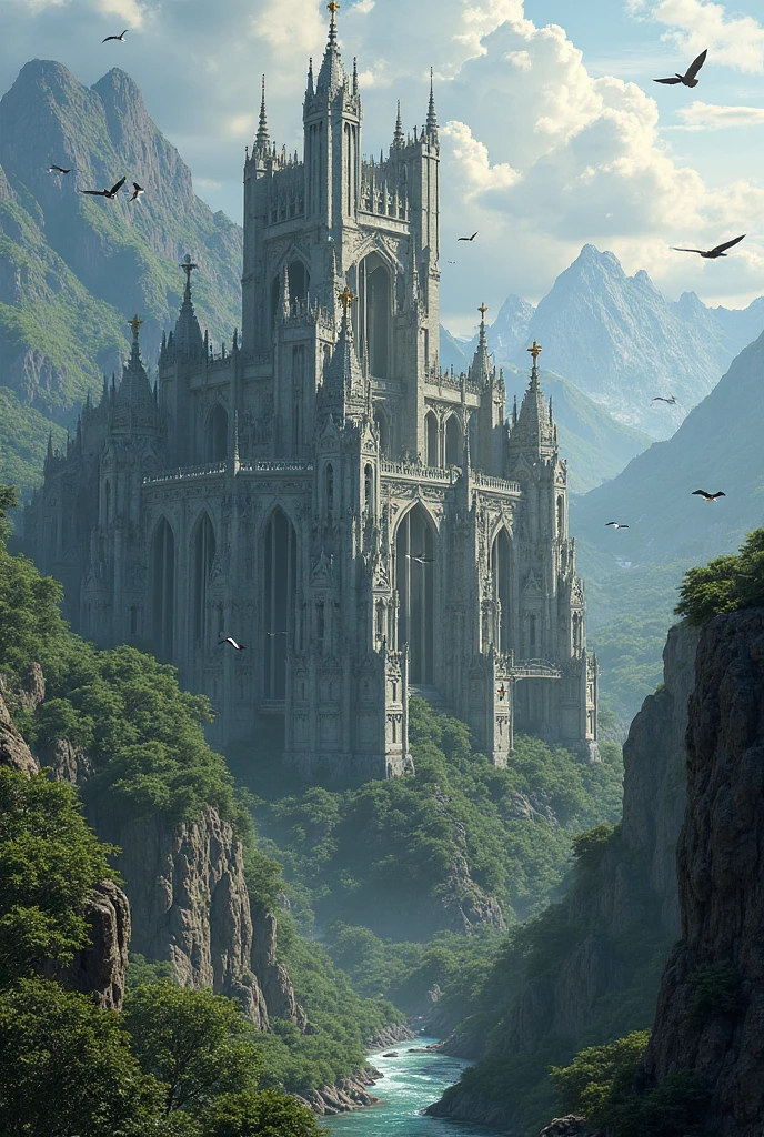 A dark grey Gothic style palace with huge pillars, is surrounded by big green mountains, there are birds flying in the distance, a river is flowing, volumetric lighting realistic image.