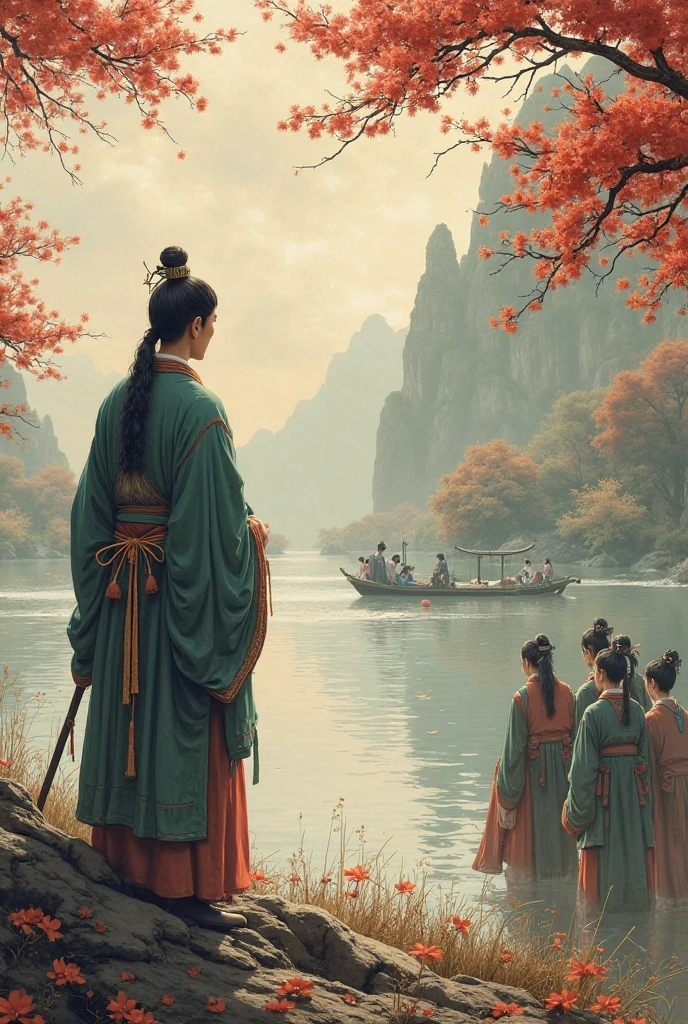 Case 2 ： was framed by slander
Picture ： Qu Yuan stands sadly by the river ， Several treacherous officials are whispering behind him 。
Narration： but because of his honest advice ， was framed by treacherous officials ， was exiled to the border 。