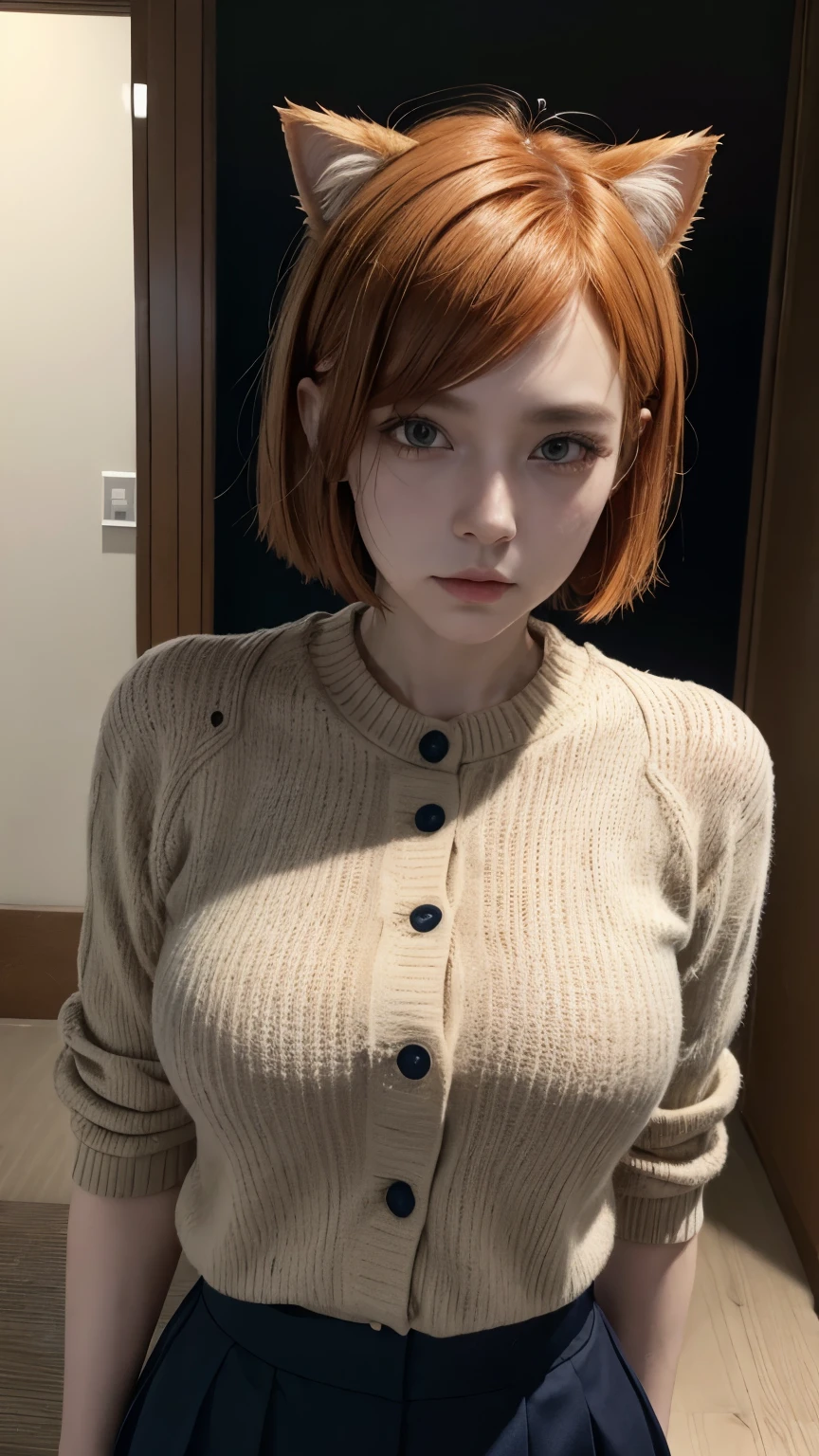 、4k、 obra-prima 、extremely detailed eye 、 wearing beige knitted blouse, with extremely detailed cat ears 、 A girl in 、 sozinho、Nobara、 jujutsu kaisen、 short hair, orange hair