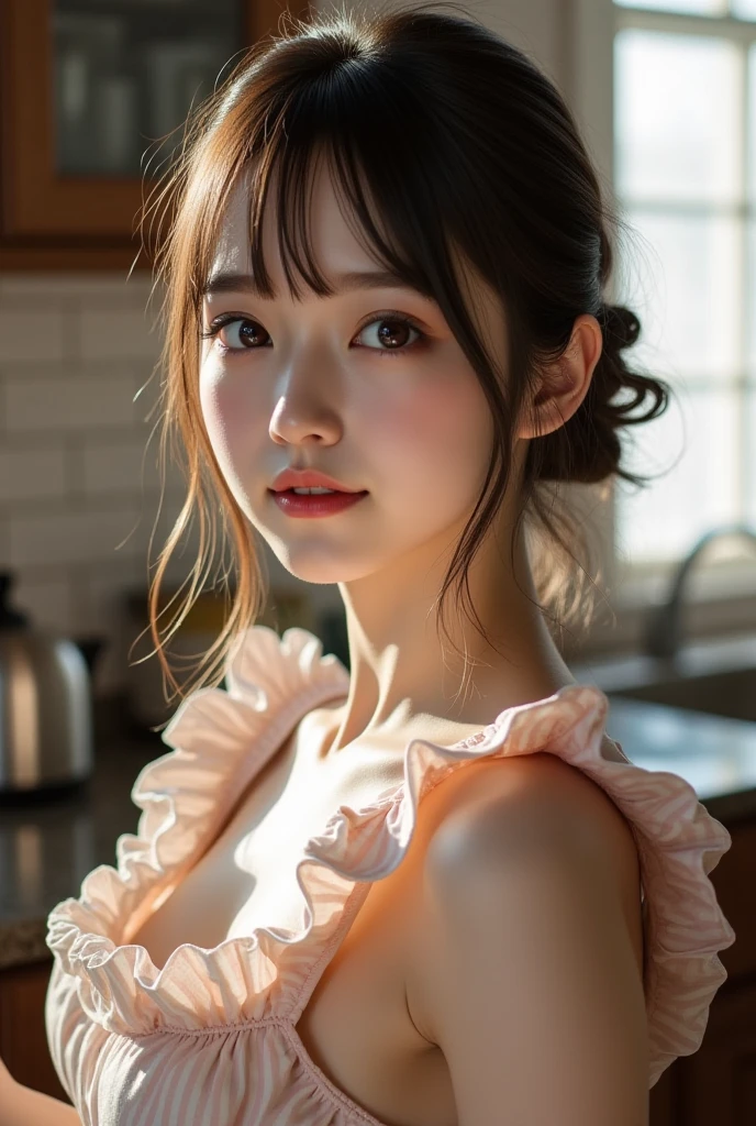 (32K:1.9, Highest quality, masterpiece, Ultra-high resolution, Professional random angle camera work:1.5, Very detailedな肌と顔の質感:1.4), Always accurate, Very detailed, ((19-year-old Japanese wife, Busty on the verge of collapse, A small face with ultimate beauty, Cooking in the kitchen:1.6, The morning light illuminates the hut, Wearing only a gingham apron, naked.:1.7, Incredibly slim body:1.5, areola is not visible)), Fair skin, elegant, sense of cleanliness, Vegetable cutting pose, (Big eyes that exude beautiful eroticism:0.4, A shy smile:1.0, I love you with all my heart:0.8, Please open your mouth a little, lipstick, Feel the beautiful eroticism:0.9), (Wet dark brown messy hair), Earrings, necklace, bracelet, (romantic, artistic, mysterious), Object of admiration, original, dramatic, Innovative, charm, Heartful, Fancy, sense of openness, special, exciting, Extreme, Tilt, sense of loss, fun, Expression of enjoyment, (((若さのcharm, 女性的なcharm)))