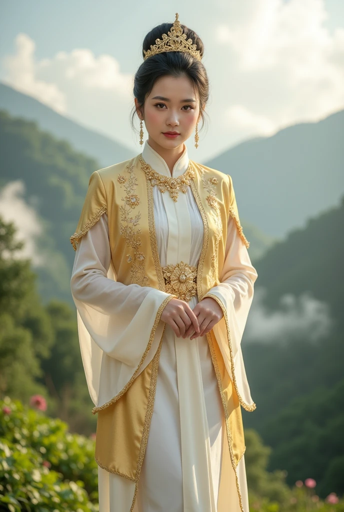 Myanmar queen [wearing gold and white thin Longyi and Htaingmathein, the burmese royal thin white coat which is cornered with the gold, Burmese royal gold ancient headband with gold flower] is standing seductively in the heavenly garden which is surrounded by cloud in the heavenly palace, [top knot her black hair] [heavenly][milf][golden ratio body]
