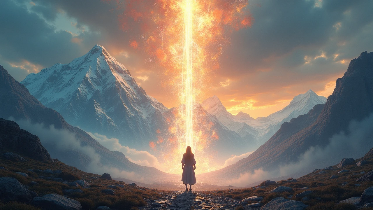 A lone figure standing before a vibrant cosmic mountain landscape with a stream of energy descending from the heavens, symbolizing reaching the next spiritual level, surreal and highly detailed.