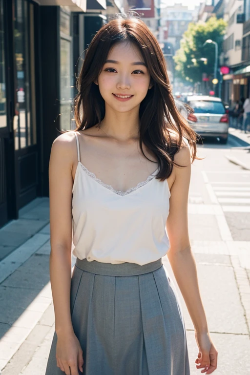 Produce the highest quality and highest resolution 8K images。The model is a 20-year-old Japanese woman.。The image depicts a person smiling at the camera and taking a commemorative photo at a tourist spot.。Draw the whole body of the model。She has brown eyes and a model figure.、She has an idol-level cute face.。The hair is curly。Skin has a healthy color。What to wear、She's wearing a T-shirt and a skirt。