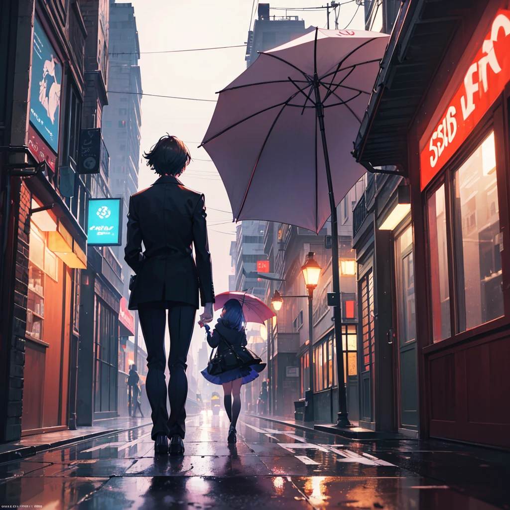 
A stylish, moody nighttime urban scene inspired by “Beneath the Mask” from Persona 5. A rainy city street glowing with soft neon lights, reflections on wet pavement, a lone figure under an umbrella, jazz cafe in the background, soft bokeh lights, calm and introspective atmosphere, cinematic composition, color palette of deep blues, purples, and warm orange highlights, art by Makoto Shinkai and Studio Ghibli, 4K resolution
