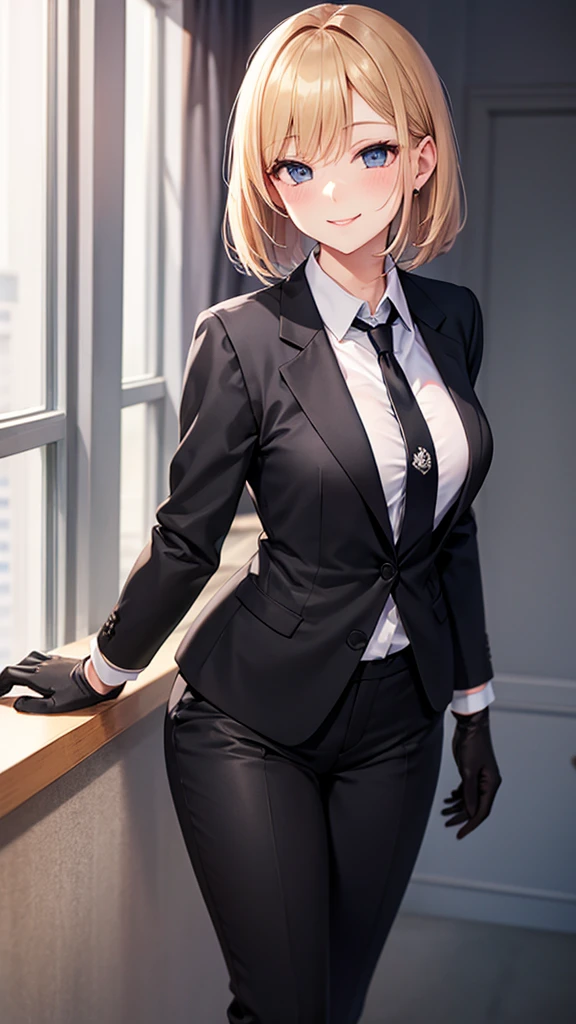 (masterpiece, best quality:1.2), cowboy shot, solo, 1girl, looking at viewer, hand on leg, blonde hair, short hair, bobcut hair, hairband, glasses, grey plaid skirt suit, (((three-piece suit))), necktie, blazer, (((suit jacket))), (((waistcoat))), double-breasted waistcoat, bodycon miniskirt, pencil skirt, tie clip, pocket square, pocket watch, pantyhose, high heels, earrings,