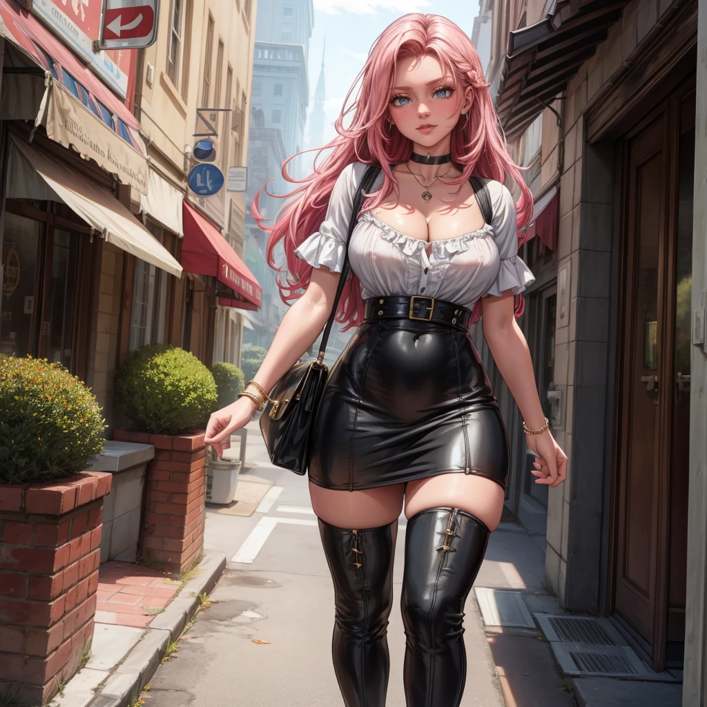 Masterpiece, beautiful art, 8k, art style by sciamano240, very detailed face, detailed hair, detailed clothes, detailed fabric, 1girl, beautiful face, long hair, hot pink hair , model head shot, facing camera, very detailed green eyes, sultry smile, wearing classy fall clothes, white tube top, black dior thigh boots, black pencil skirt, walking , out shopping, necklace, chocker, rosey cheeks, sunny fall setting, full body view, photorealistic, indirect lighting, volumetric light, ray tracing, hyper-detailed, best quality, ultra-high resolution, HDR, (8k, Best Quality, Masterpiece:1.2), Ultra Detail, RAW Photo, Super Resolution, Professional Photo, Extremely Detailed and Beautiful, lot of drool, sweat, belly inflation