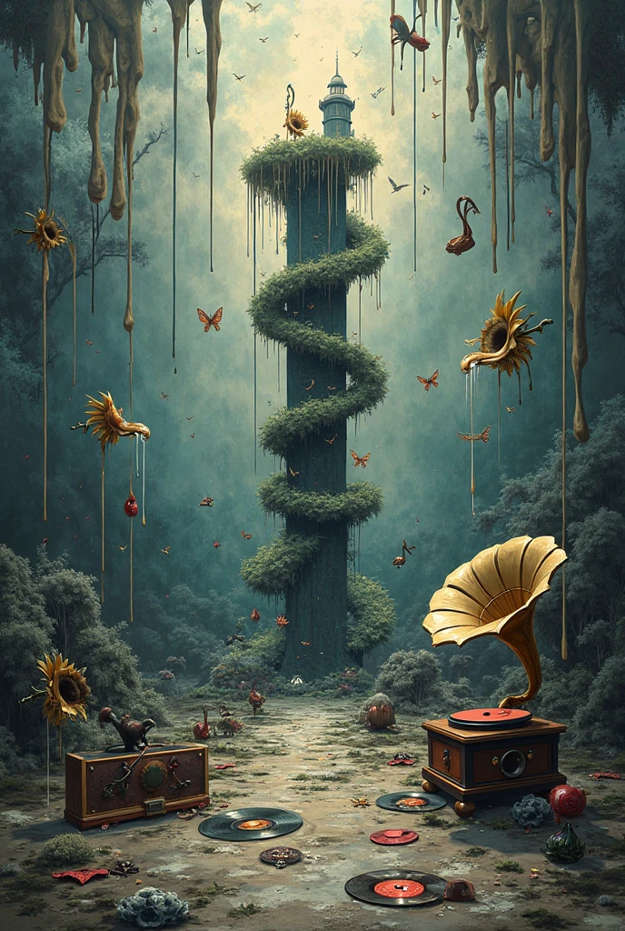 generate 42 cm x 59 cm.4 cm background（Main Elements： Dripping ，secondary element：pause music tower，phonograph，cd，Note ...）