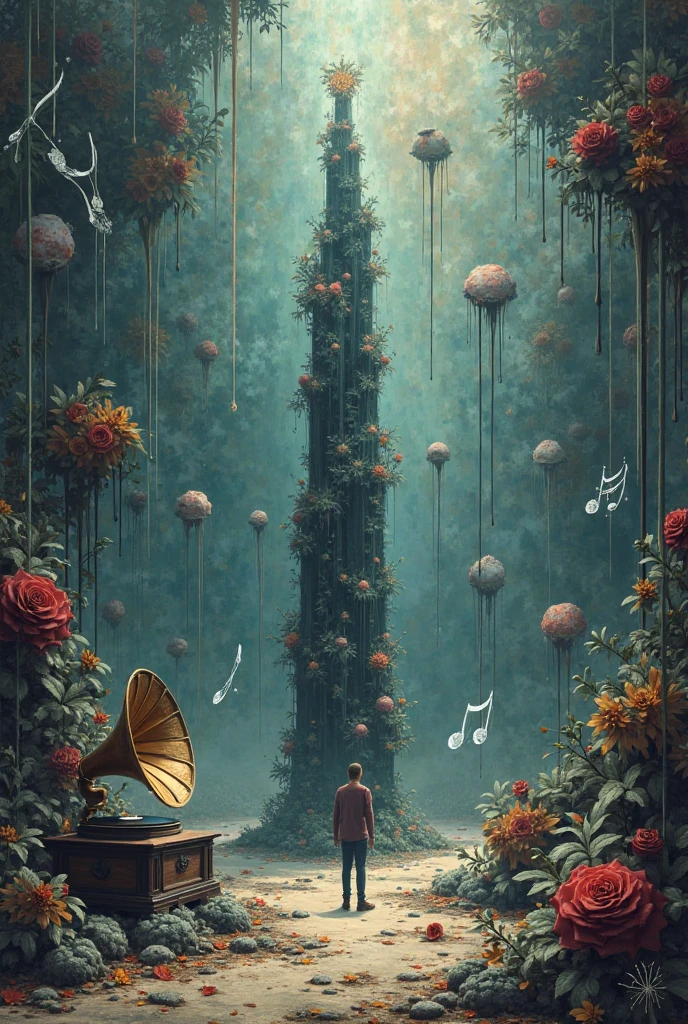 generate 42 cm x 59 cm.4 cm background（Main Elements： Dripping ，secondary element：pause music tower，phonograph，cd，Note ...）