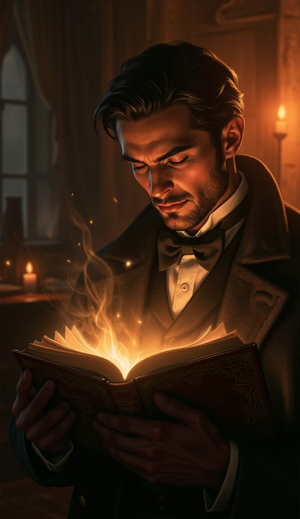 A man in early 1900s clothing opening a mysterious book, warm lighting, suspenseful tone