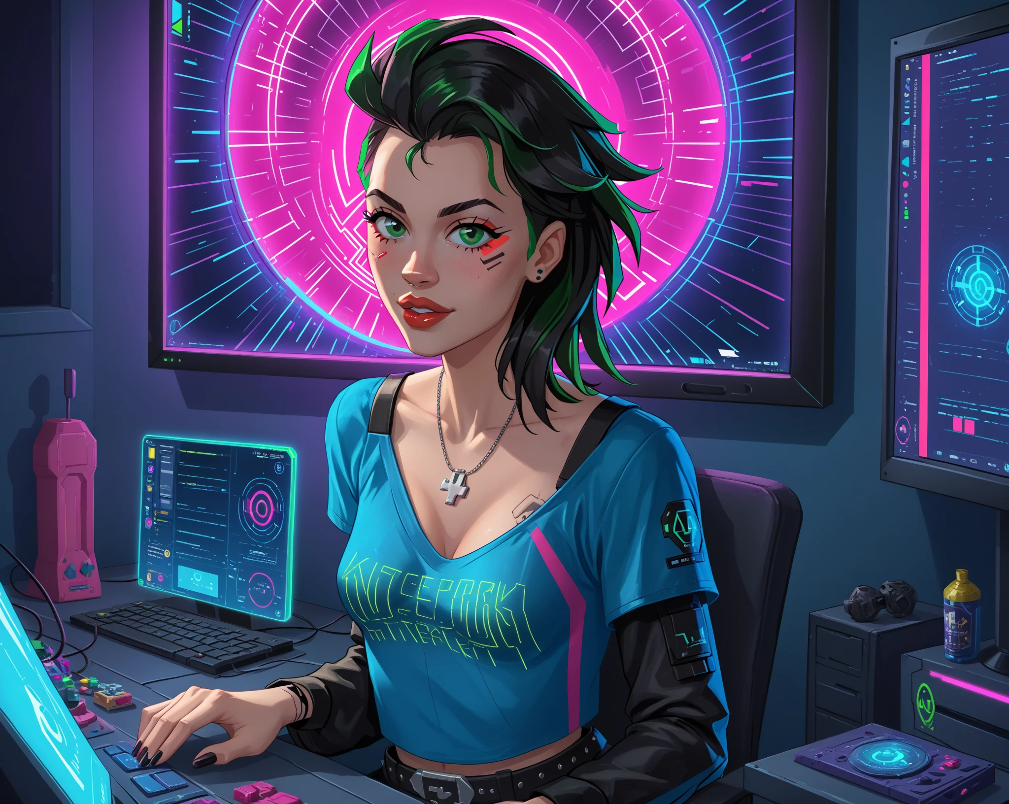 score_10, score_9_up, (masterpiece:1.5), (best quality:1.5), (ultra detailed:1.5), (award-winning:1.3), style_neonpunk, style_digital_art, (1girl:1.4), Noir. Cyberpunk inspired digital art: HannaH Owo, looks like a 35 year old millennial tech designer with straight black hair and emerald green eyes. scene: (((She's coming out of a monitor screen))), the scene is sci-fi. setting: augmented reality workspace, holographic interfaces. neon infused color scheme, futuristic geek aesthetic, confident pose with cutting edge technology.