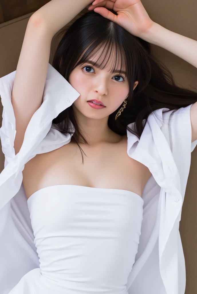 best quality, photorealistic, 8k, high res, 1girl, woman, (skindentation), (portrait:0.6), gorgeous, ((whitebackground:2.1)), ((smallsize round breast, sleeveless white tshirt:1.75)), straight-looking at viewer:1.8, (1girl eyes looking at viewer, medium-length hair, brownhair, partedbangs:1.65), photorealistic, (bokeh), (closed mouth:1.46), gorgeous, pureerosface_v1,