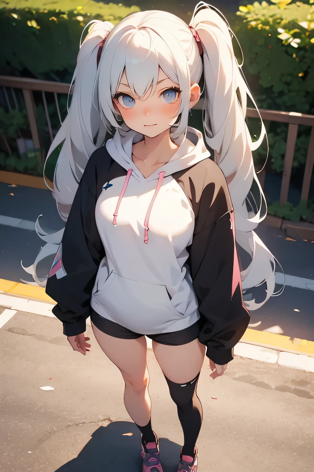 A cute anime-style gothic girl with silver twin tails, wearing a cropped black hoodie and a modest sporty bralette beneath. She stands on a sun-dappled city sidewalk, stretching casually with a natural motion. The hoodie lifts slightly, subtly revealing a glimpse of her innerwear, and she quickly looks down, adjusting it with a soft, embarrassed expression. Her cheeks hold a faint pink blush, and her smile becomes shy but genuine. The soft breeze moves her twin tails gently, and the sunlight plays across her face and clothes. Expressive, natural posture. Emphasis on casual realism, subtle emotional storytelling. No NSFW content.