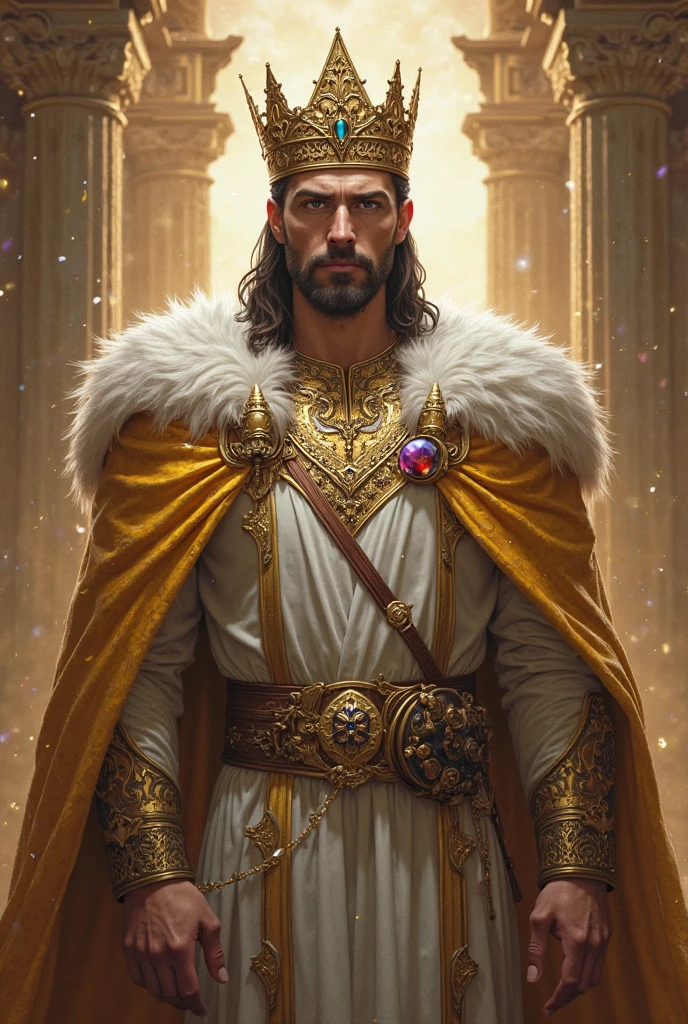a king that looks likes Jayce from arcane dressed in gold and white with a golden crown