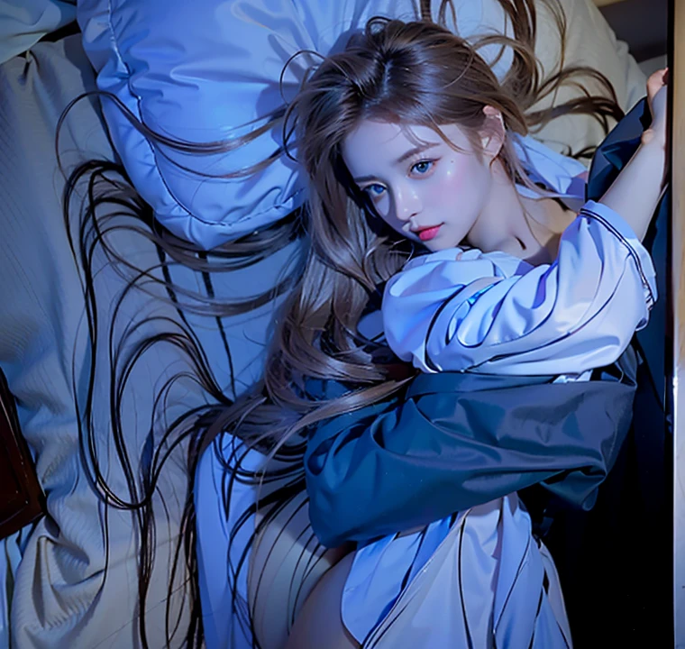 there is a woman seductive posing for a picture, with long shoulder length hair, headshot profile picture, professional profile picture, 1girl, strawberry blonde hair, realistic, ultra detail,  big , perfect , perfect, off-shoulder mini summer dress, beautiful thighs, neon lighted room, natural lighting